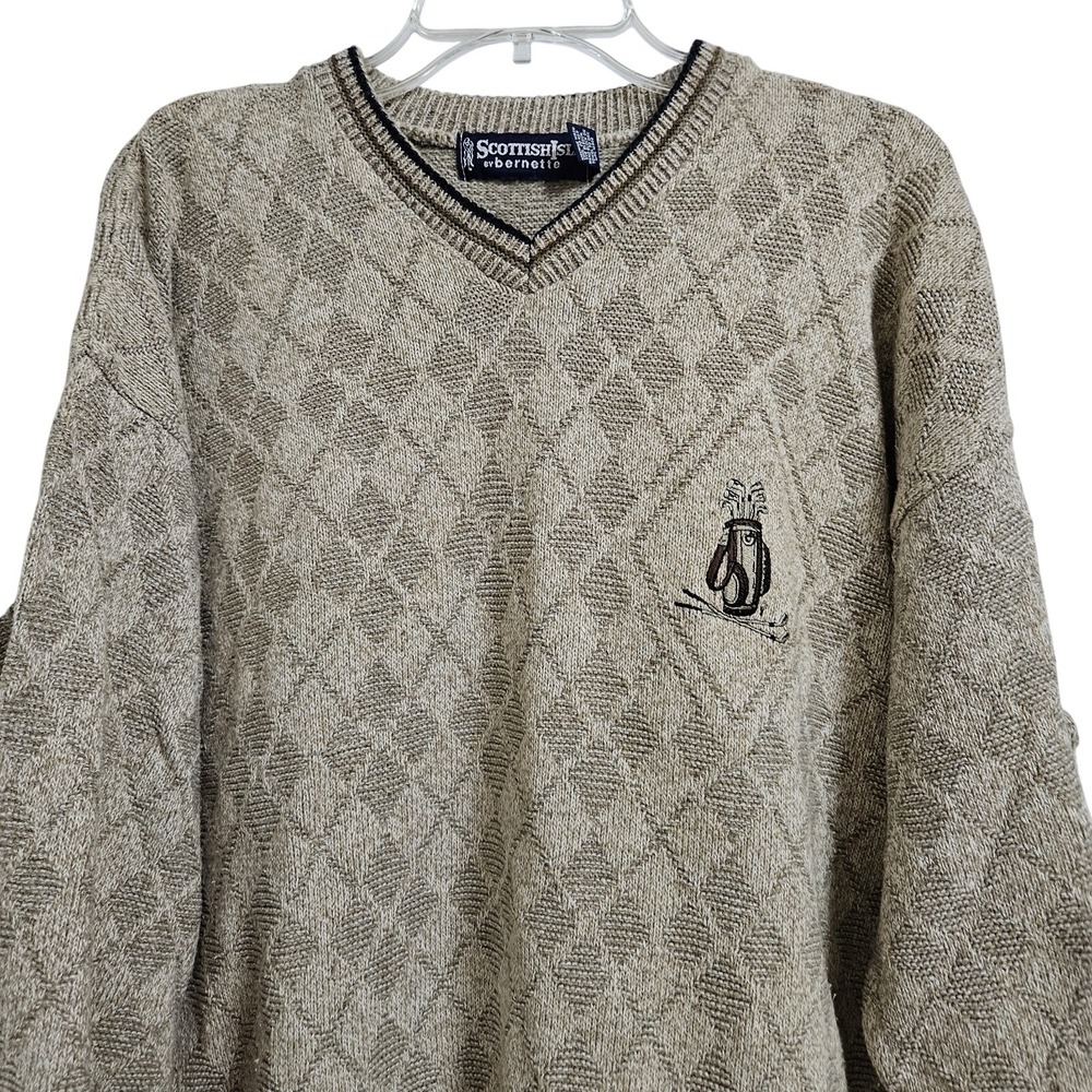Scottish Isle Sweater Mens Lg Tan Golf Bag V-Neck Textured Knit Cotton Blend L/S